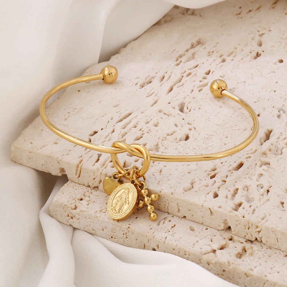 1pcs Stainless Steel Cross Virgin Mary Pendant Adjustable Cuff Bangles For Women Fashion Tiny Heart Open Bangle Bracelet Jewelry