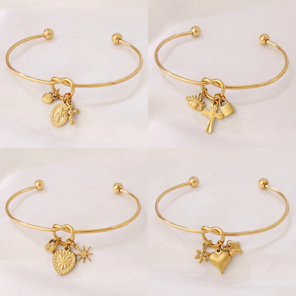 1pcs Stainless Steel Cross Virgin Mary Pendant Adjustable Cuff Bangles For Women Fashion Tiny Heart Open Bangle Bracelet Jewelry