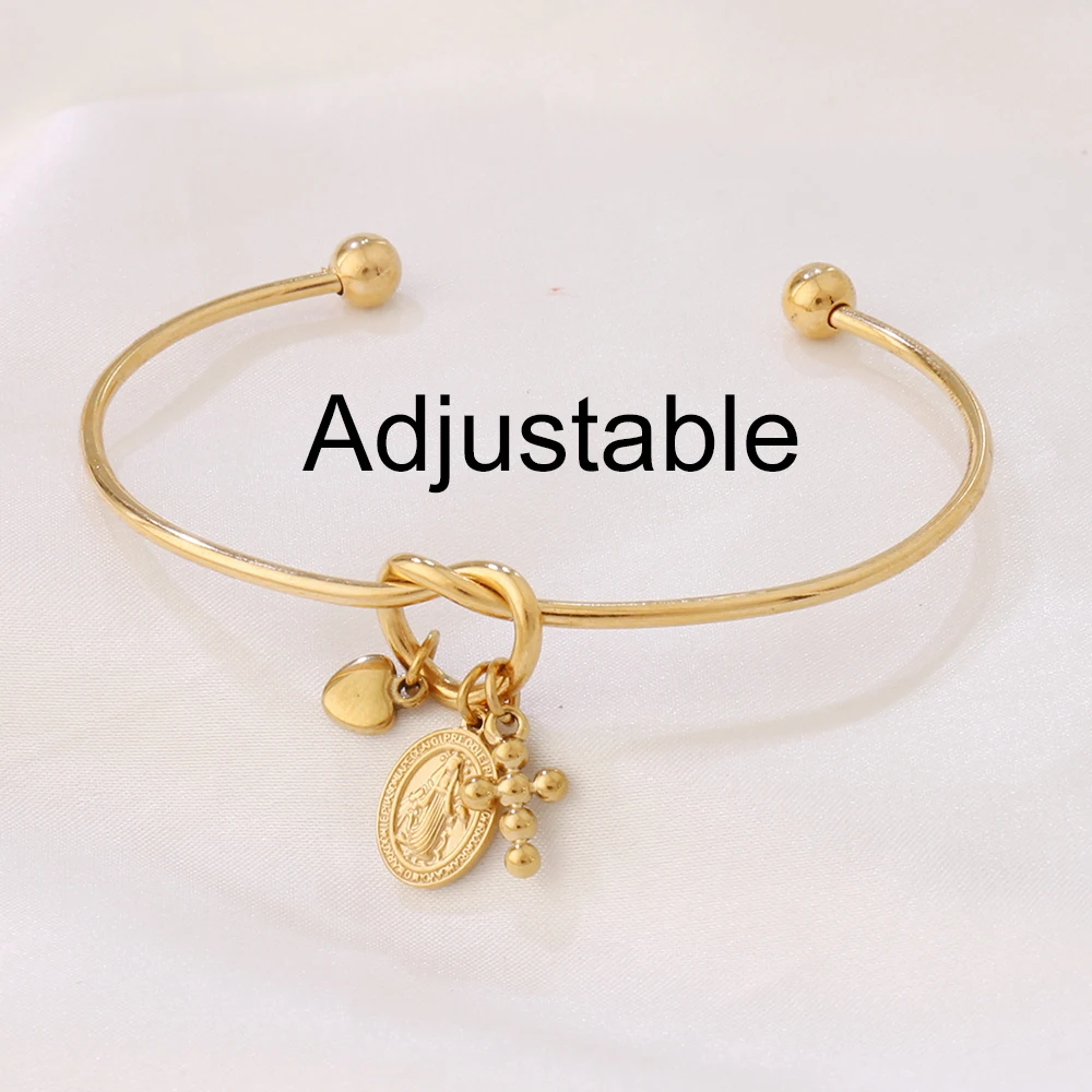 1pcs Stainless Steel Cross Virgin Mary Pendant Adjustable Cuff Bangles For Women Fashion Tiny Heart Open Bangle Bracelet Jewelry