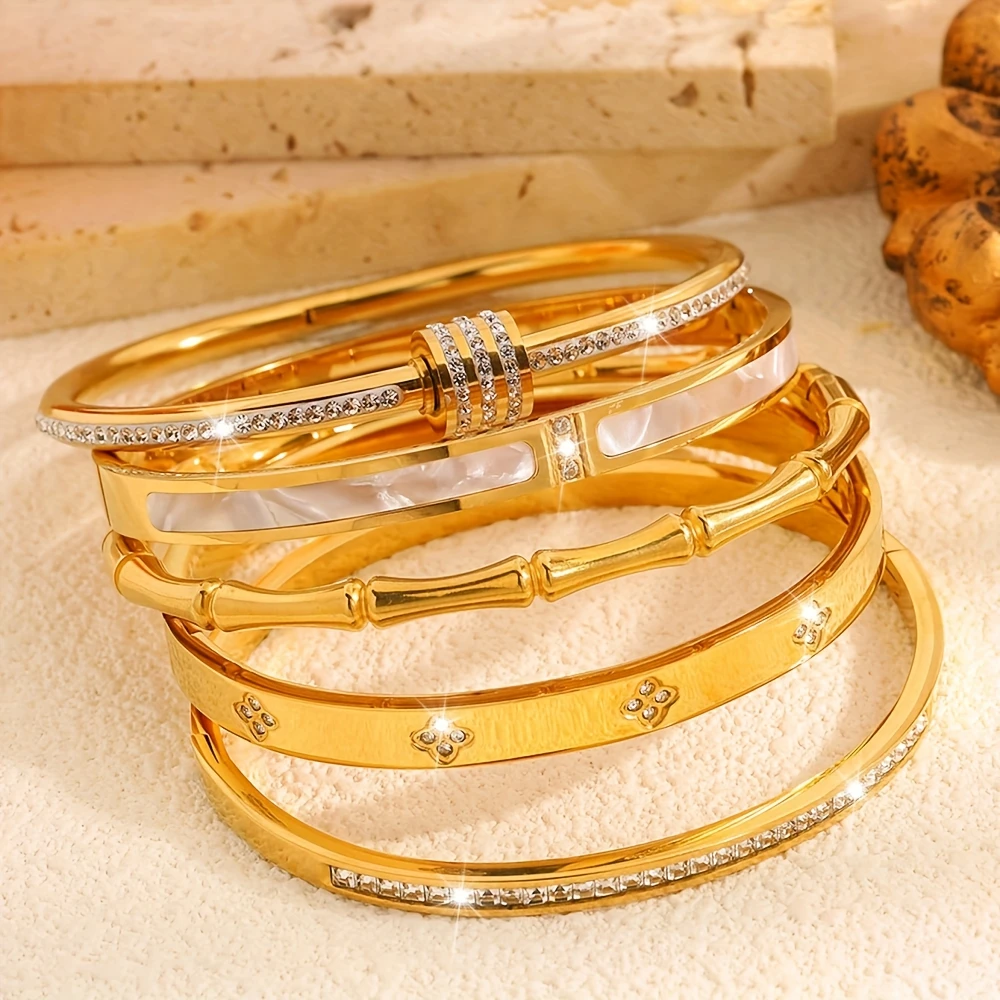 Classic Women's Stainless Steel Bracelets Set Multiple Gold Color Non-Fading Bangles Fashion Jewelry Accessory Gift