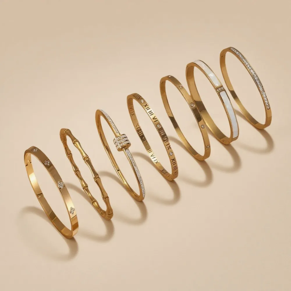 Classic Women's Stainless Steel Bracelets Set Multiple Gold Color Non-Fading Bangles Fashion Jewelry Accessory Gift