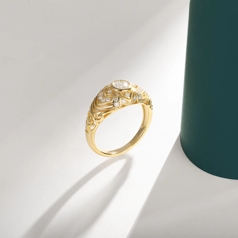 HFE 18K Gold Plated Handmade Charms Wide Ring 925 Sterling Silver with Moissanite Bohemian Style Women's Fashion Jewellery