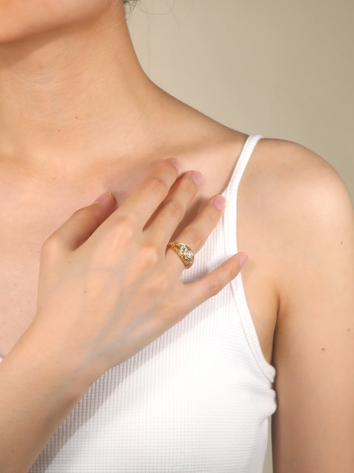 HFE 18K Gold Plated Handmade Charms Wide Ring 925 Sterling Silver with Moissanite Bohemian Style Women's Fashion Jewellery