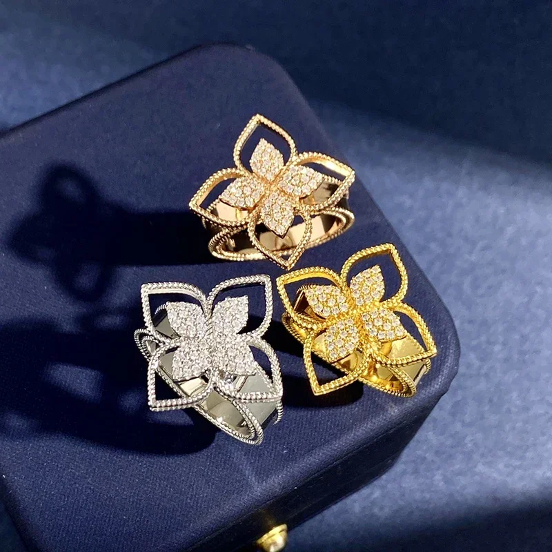 High Quality Pave Rhinestone Lucky 4 Leaf Clover Flower Ring For Women Fine Jewelry