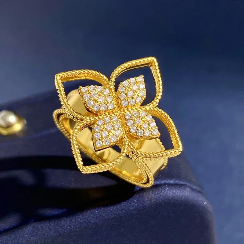 High Quality Pave Rhinestone Lucky 4 Leaf Clover Flower Ring For Women Fine Jewelry