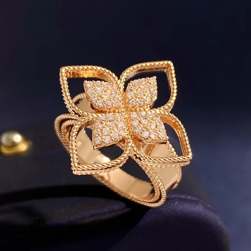 High Quality Pave Rhinestone Lucky 4 Leaf Clover Flower Ring For Women Fine Jewelry