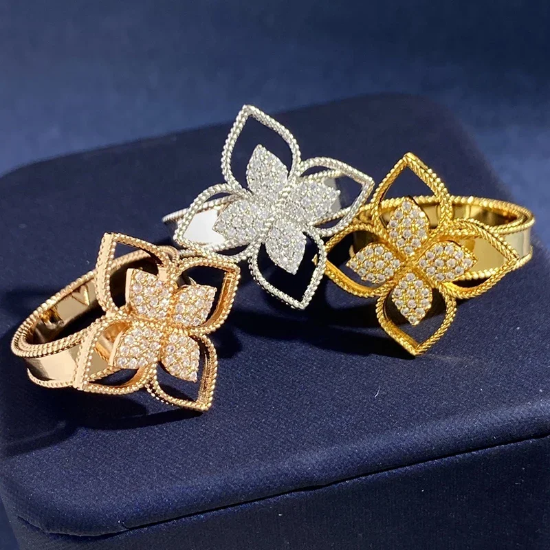 High Quality Pave Rhinestone Lucky 4 Leaf Clover Flower Ring For Women Fine Jewelry