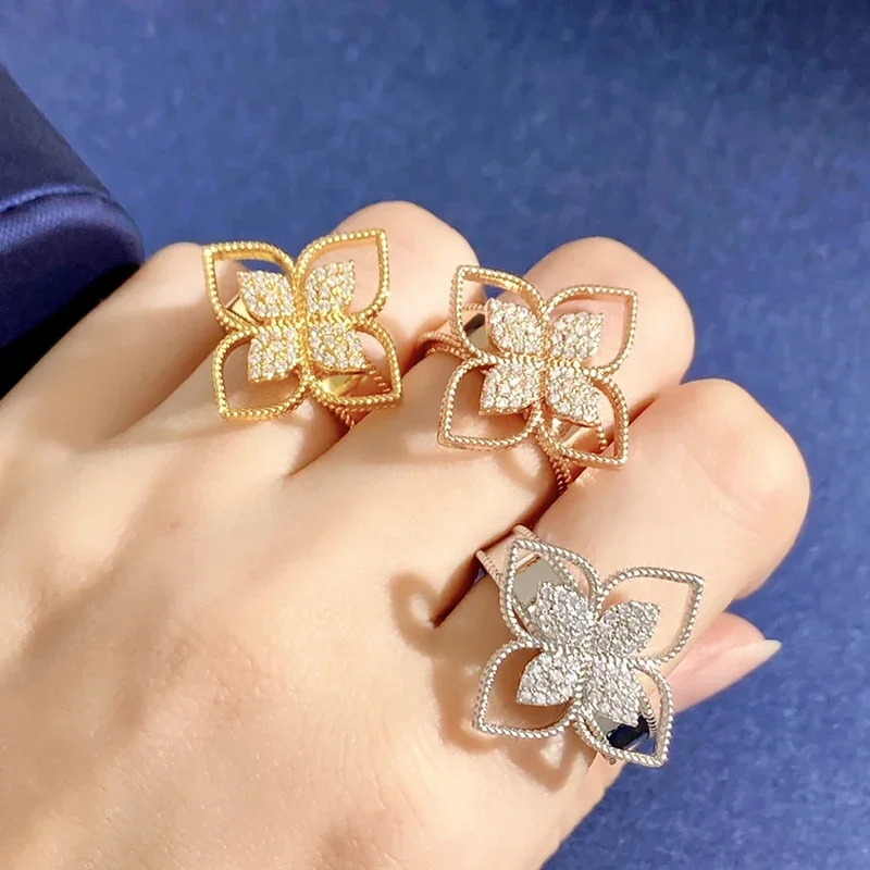 High Quality Pave Rhinestone Lucky 4 Leaf Clover Flower Ring For Women Fine Jewelry