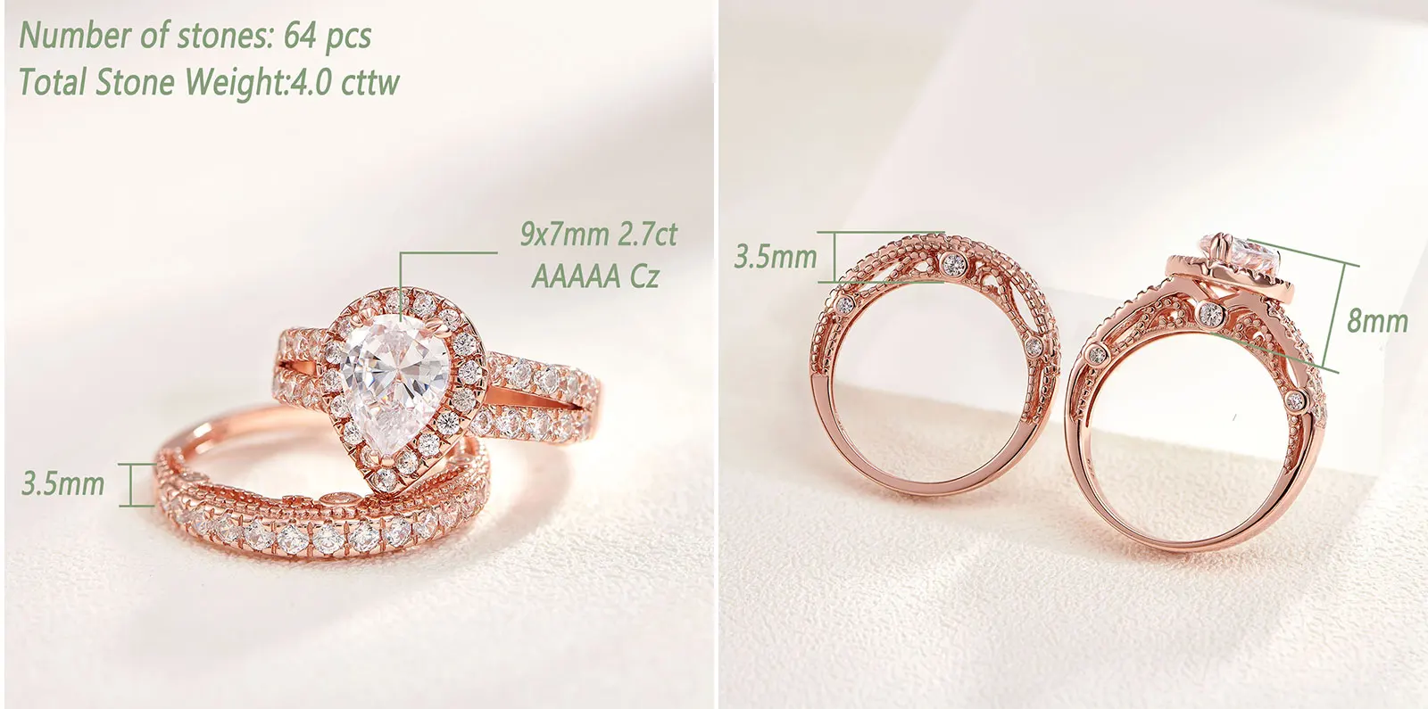 Newshe 925 Sterling Silver Wedding Engagement Rings Set for Women Pear Cut AAAAA CZ Imitation Diamond Vintage Bridal Jewelry