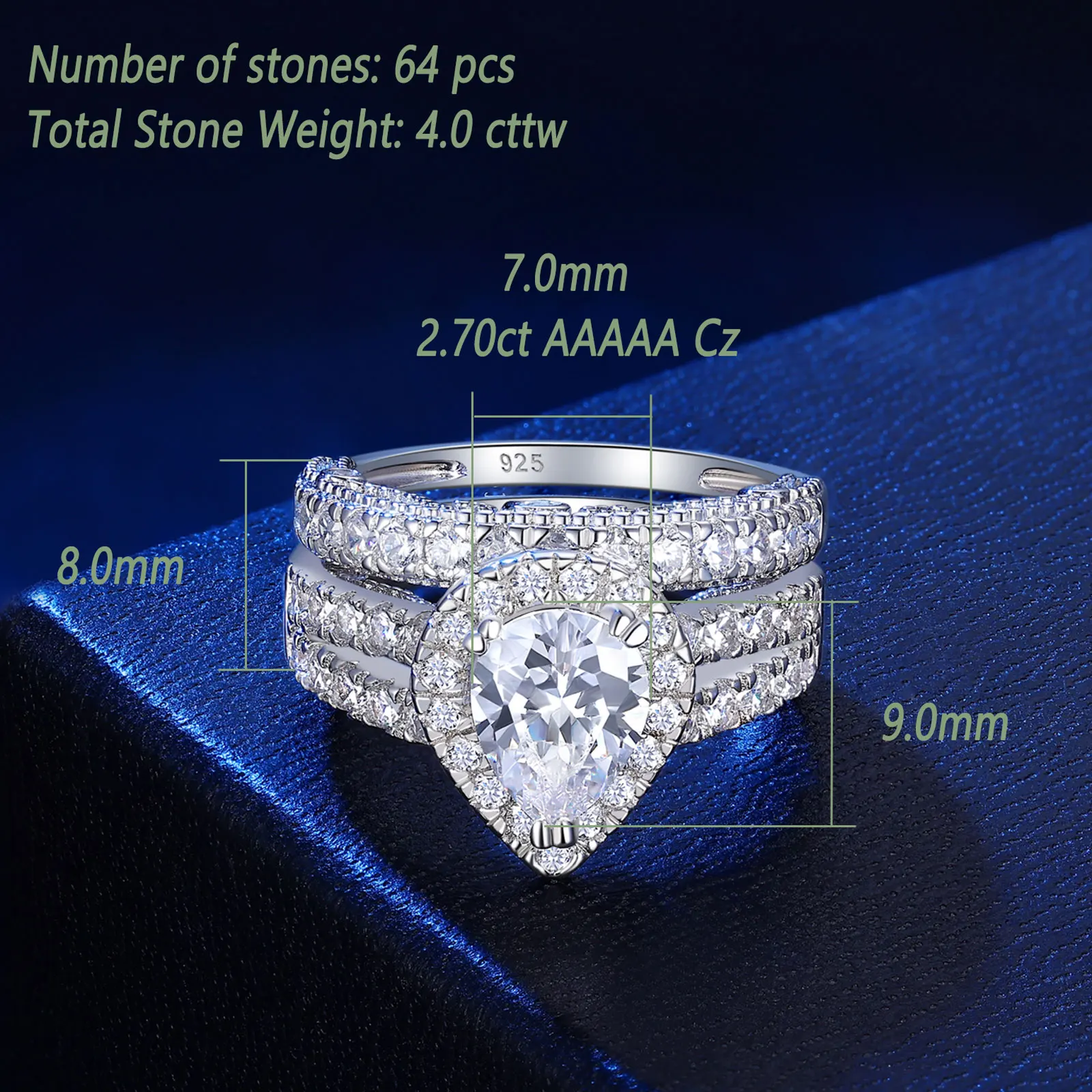 Newshe 925 Sterling Silver Wedding Engagement Rings Set for Women Pear Cut AAAAA CZ Imitation Diamond Vintage Bridal Jewelry