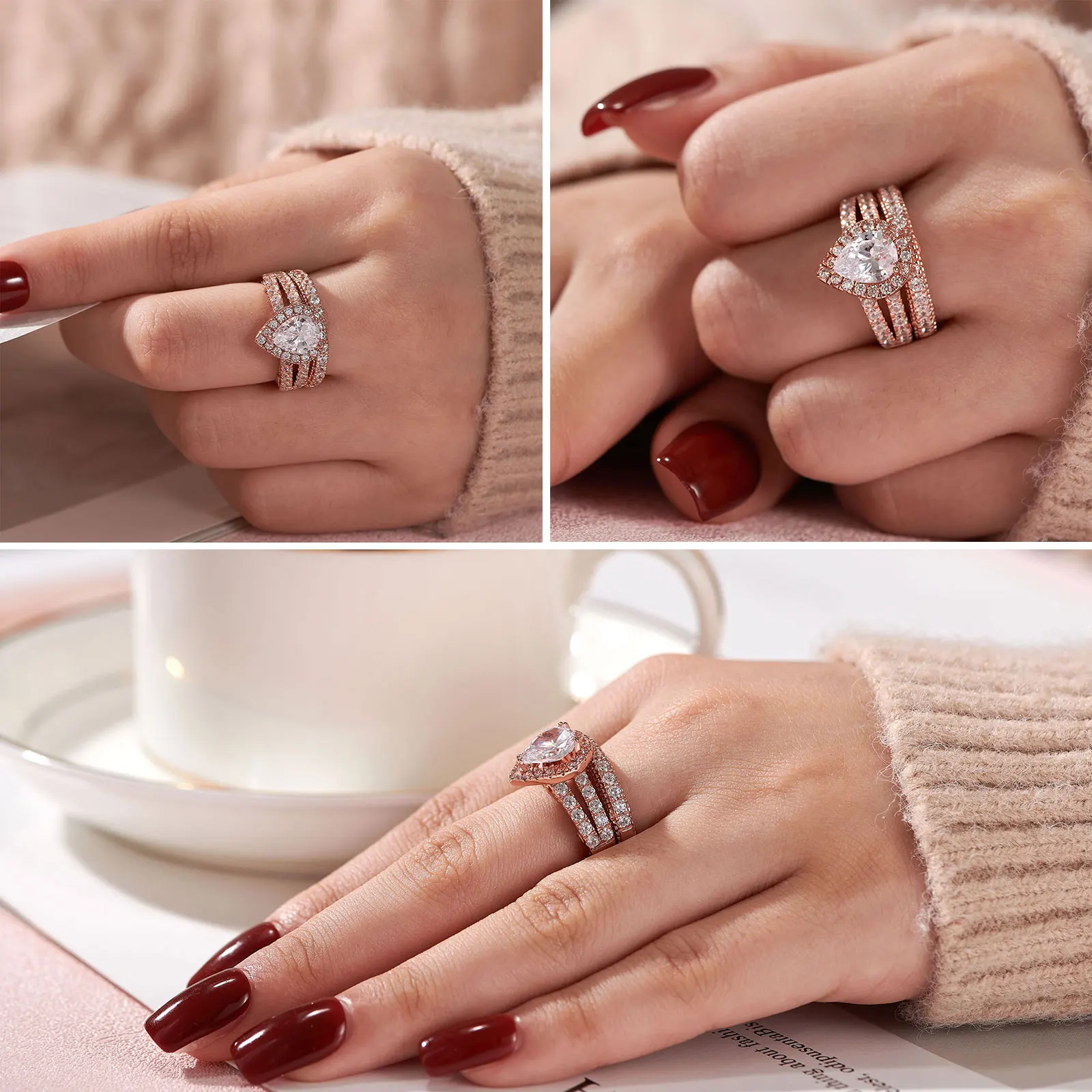 Newshe 925 Sterling Silver Wedding Engagement Rings Set for Women Pear Cut AAAAA CZ Imitation Diamond Vintage Bridal Jewelry