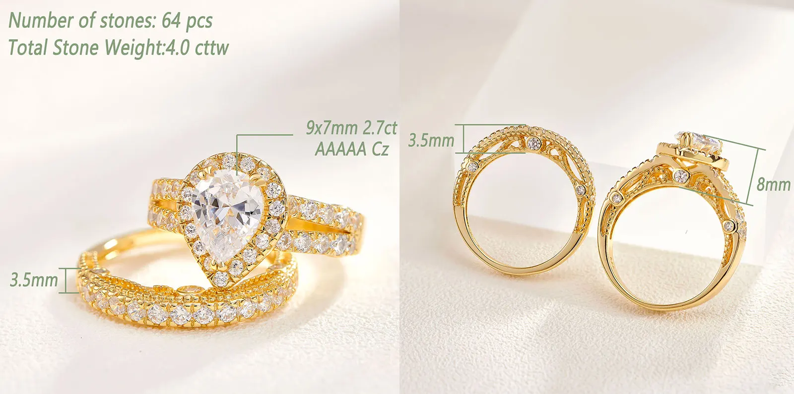 Newshe 925 Sterling Silver Wedding Engagement Rings Set for Women Pear Cut AAAAA CZ Imitation Diamond Vintage Bridal Jewelry