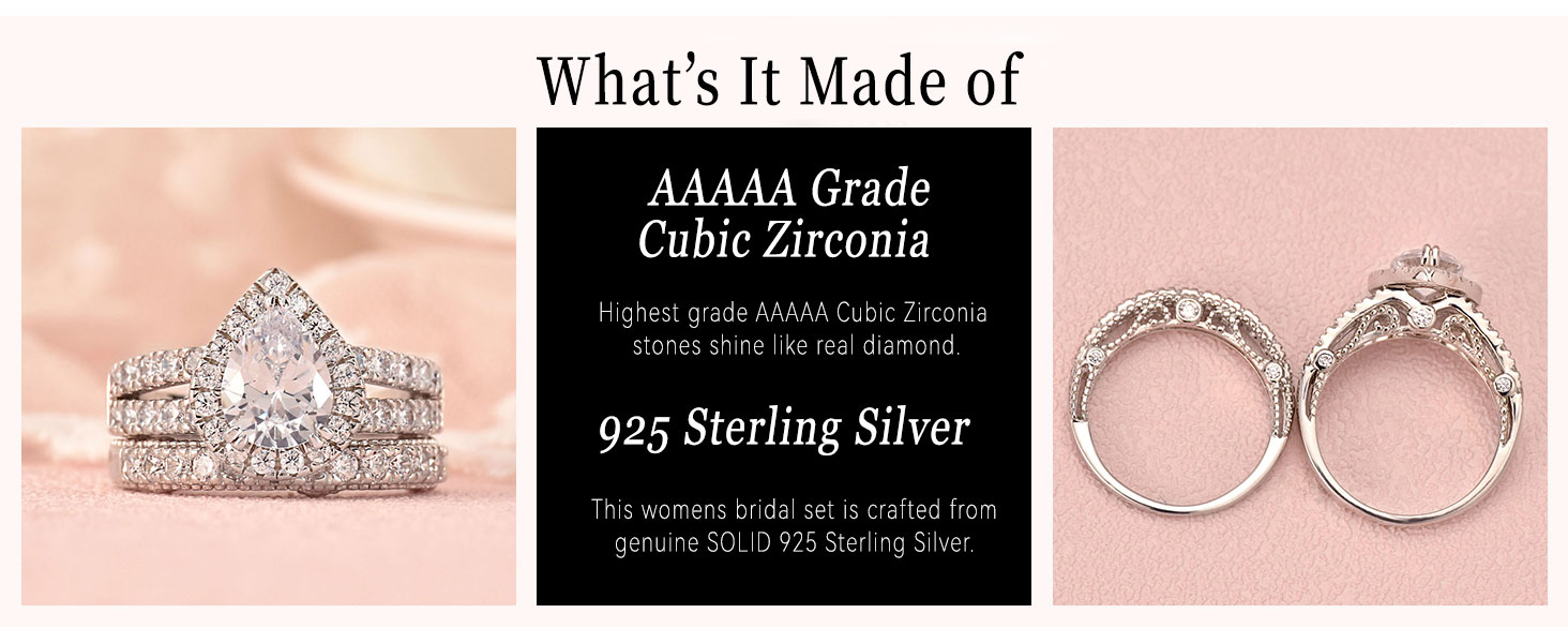 Newshe 925 Sterling Silver Wedding Engagement Rings Set for Women Pear Cut AAAAA CZ Imitation Diamond Vintage Bridal Jewelry