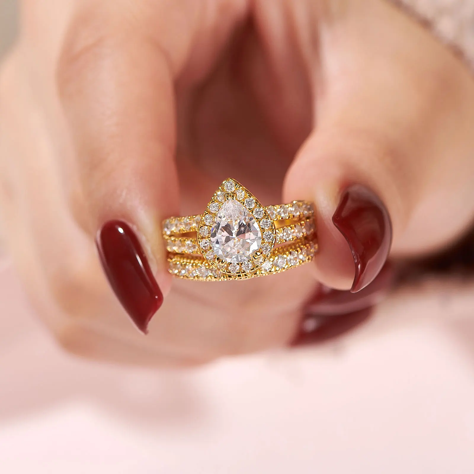 Newshe 925 Sterling Silver Wedding Engagement Rings Set for Women Pear Cut AAAAA CZ Imitation Diamond Vintage Bridal Jewelry