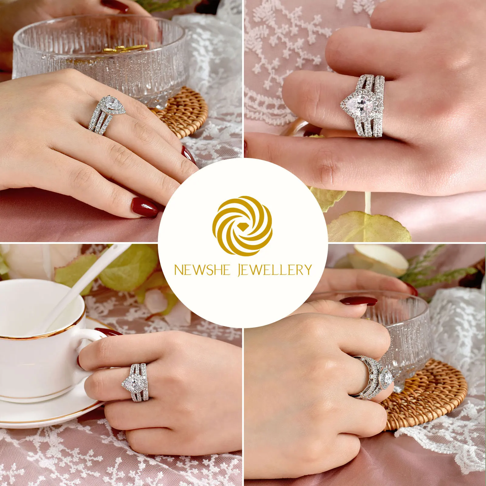 Newshe 925 Sterling Silver Wedding Engagement Rings Set for Women Pear Cut AAAAA CZ Imitation Diamond Vintage Bridal Jewelry