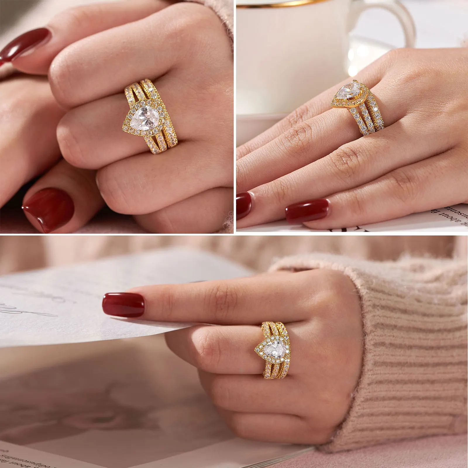 Newshe 925 Sterling Silver Wedding Engagement Rings Set for Women Pear Cut AAAAA CZ Imitation Diamond Vintage Bridal Jewelry