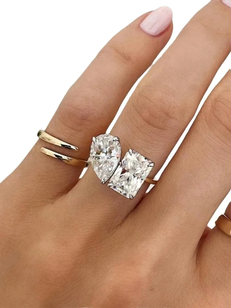 Certified 3.5CT 2 Stone Moissanite Ring For Woman 100% 925 Silver Luxury Designer Brand Wedding Lab Diamond Jewelry High Quality