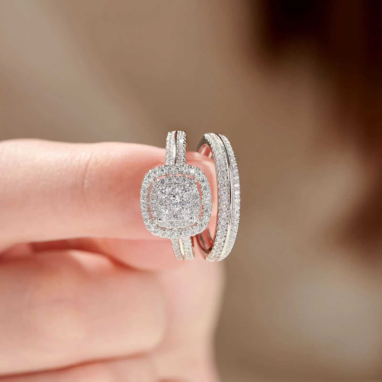 Newshe 2Pcs Wedding Rings for Women Solid 925 Sterling Silver Engagement Ring Bridal Set 1.6Ct Halo Round Cut AAAAA Zircon