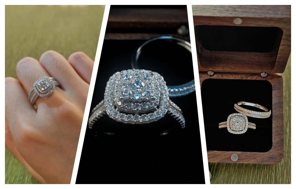 Newshe 2Pcs Wedding Rings for Women Solid 925 Sterling Silver Engagement Ring Bridal Set 1.6Ct Halo Round Cut AAAAA Zircon