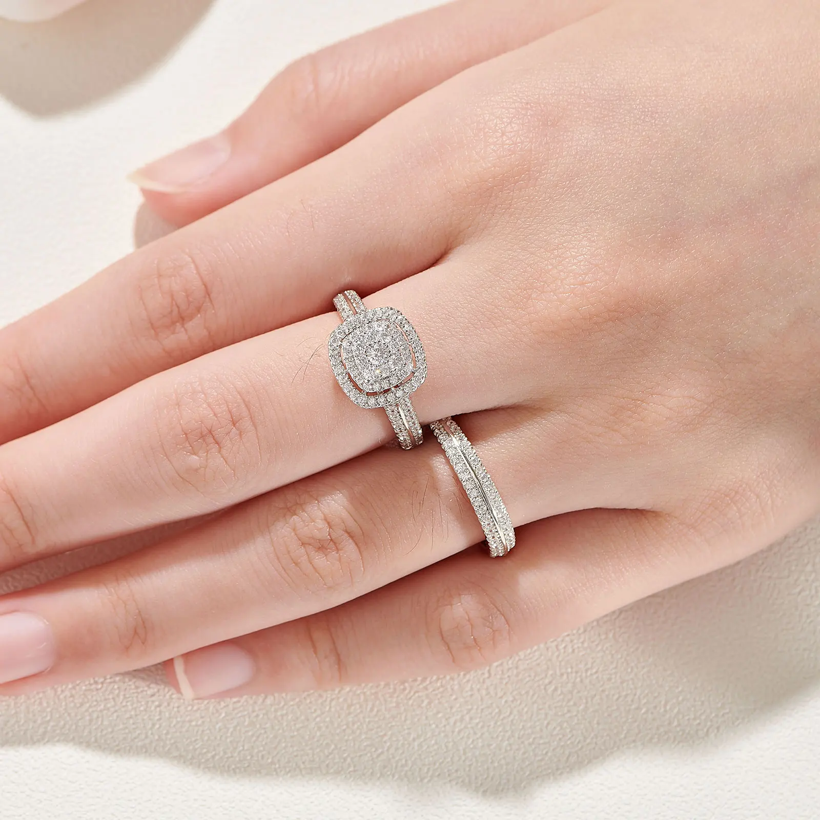 Newshe 2Pcs Wedding Rings for Women Solid 925 Sterling Silver Engagement Ring Bridal Set 1.6Ct Halo Round Cut AAAAA Zircon