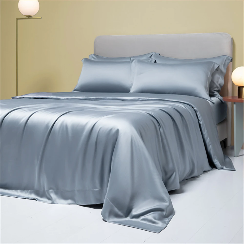 Lofuka Luxury Dark Gray 100% Pure Silk Bedding Set Beauty Double Queen King Quilt Cover Flat Sheet Pillowcase For Healthy Sleep