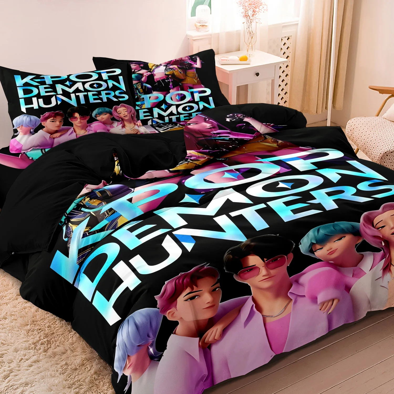 Kpop Demon Hunters Huntrix Bedding Set Single Twin Full Queen King Size Bed Set Adult Bedroom Sets Anime BedDuvet Cover