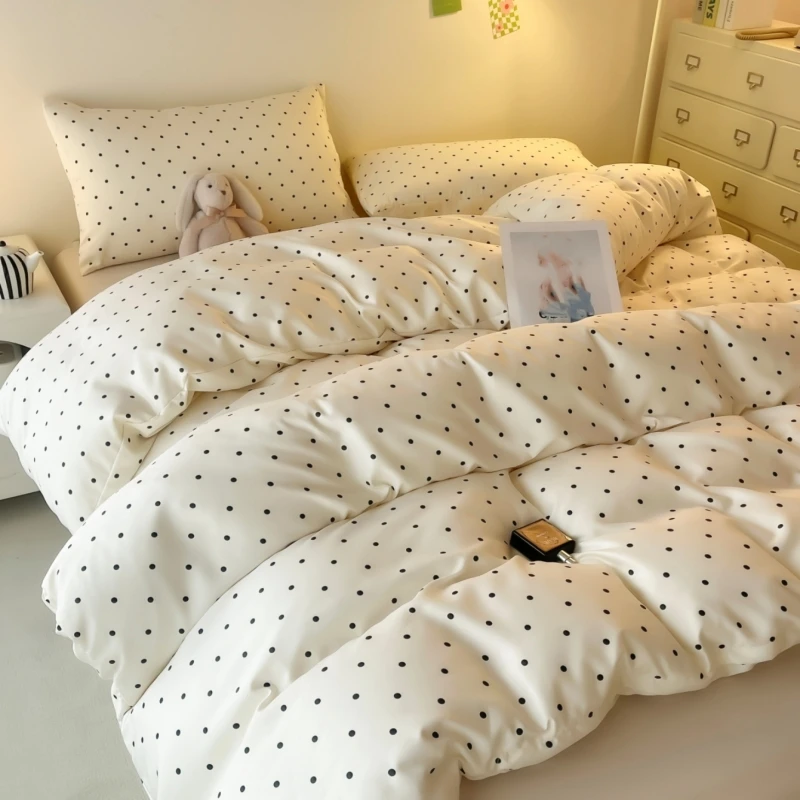 3pcs Satin Duvet cover set (1*Duvet Cover + 2*Pillowcase, Without Core), Black dot print Bedding Set, Soft Comfortable