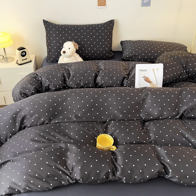 3pcs Satin Duvet cover set (1*Duvet Cover + 2*Pillowcase, Without Core), Black dot print Bedding Set, Soft Comfortable