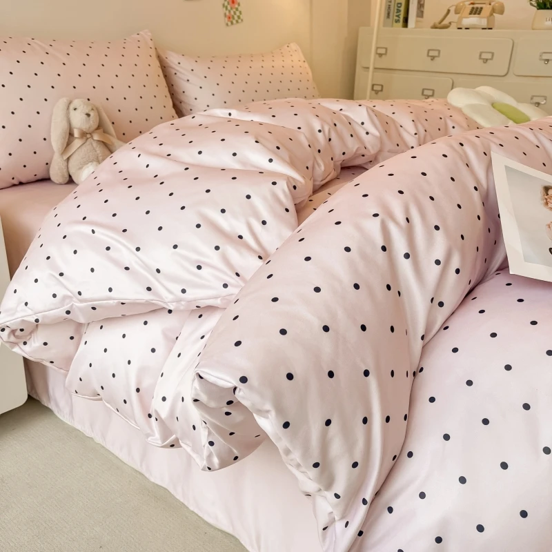 3pcs Satin Duvet cover set (1*Duvet Cover + 2*Pillowcase, Without Core), Black dot print Bedding Set, Soft Comfortable