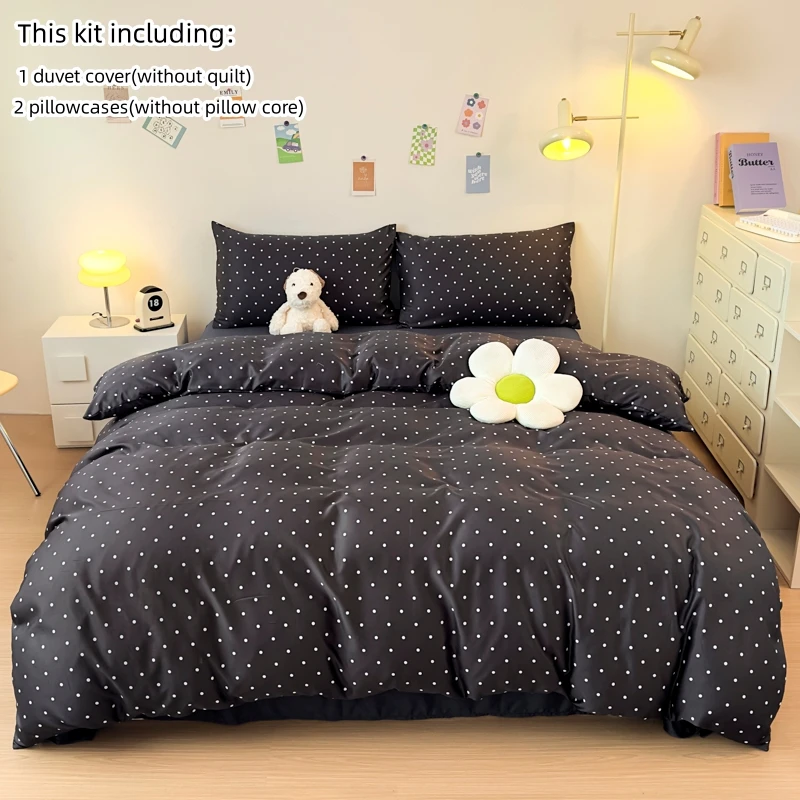 3pcs Satin Duvet cover set (1*Duvet Cover + 2*Pillowcase, Without Core), Black dot print Bedding Set, Soft Comfortable