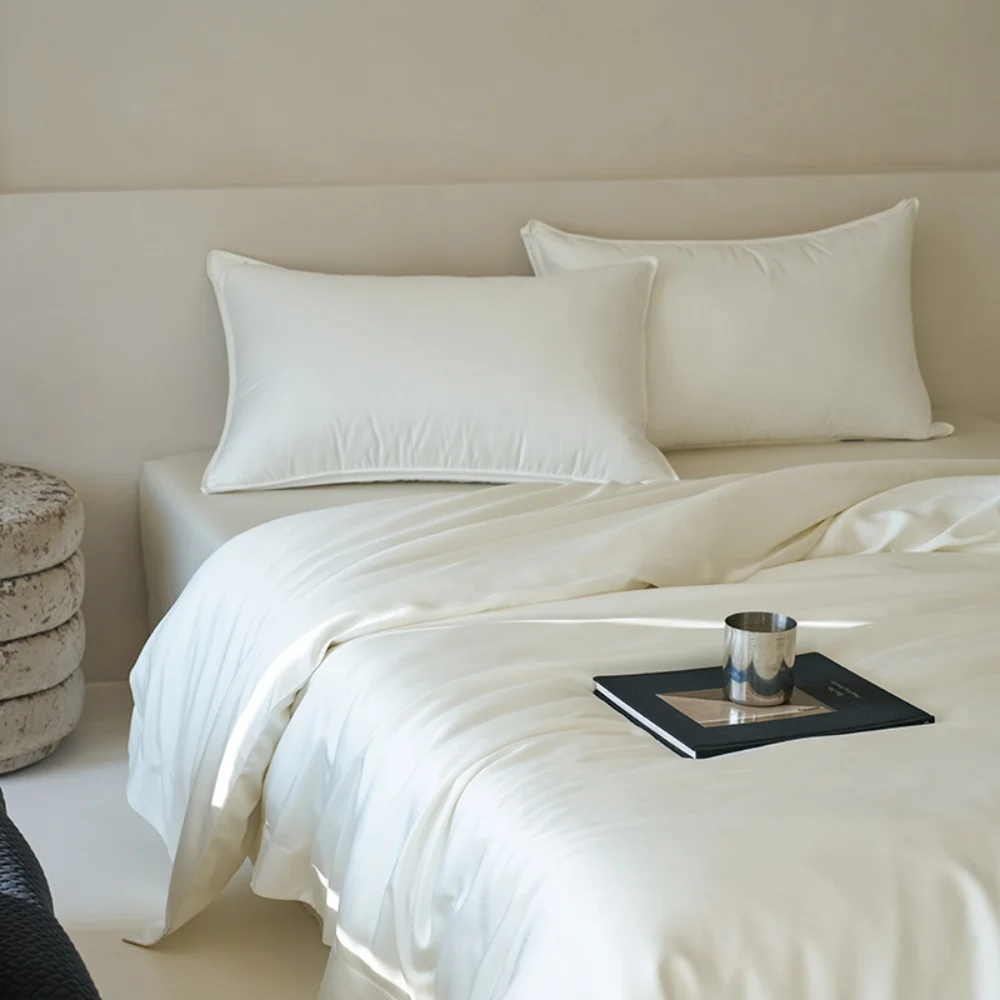 Liv-Esthete White Pure 100% Pure Silk Duvet Cover Set with Pillowcases Solid Color Healthy Skin Twin/Queen/King Luxury Bedding
