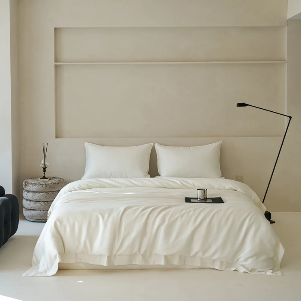 Liv-Esthete White Pure 100% Pure Silk Duvet Cover Set with Pillowcases Solid Color Healthy Skin Twin/Queen/King Luxury Bedding