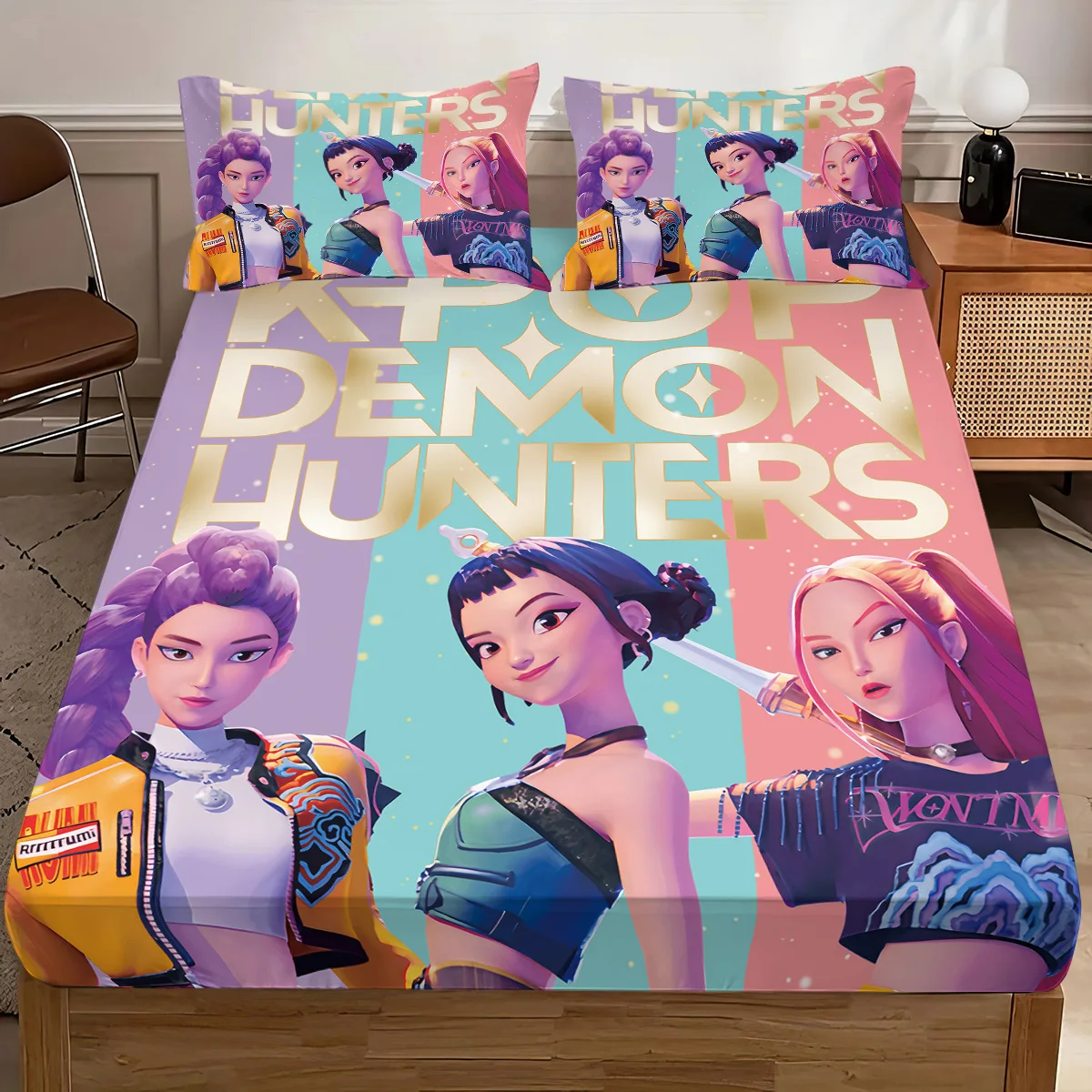 3pcs K-Pop Demon Hunters Printed coreless Bed Sheet Set Multi Size Soft Bed Cover Bedroom Bedding Machine Washable