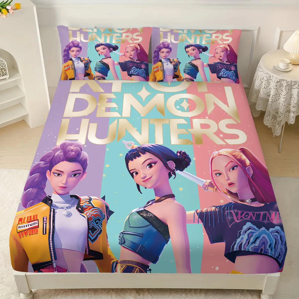 3pcs K-Pop Demon Hunters Printed coreless Bed Sheet Set Multi Size Soft Bed Cover Bedroom Bedding Machine Washable