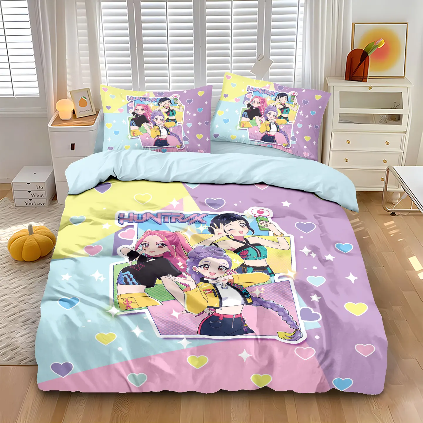 3pcs K-Pop Demon Hunters Printed Chipless Bedding Set Soft Dormitory Bedroom Multiple Sizes Machine Washable