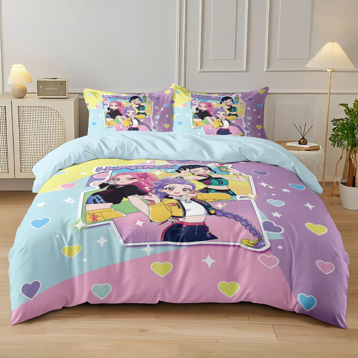 3pcs K-Pop Demon Hunters Printed Chipless Bedding Set Soft Dormitory Bedroom Multiple Sizes Machine Washable