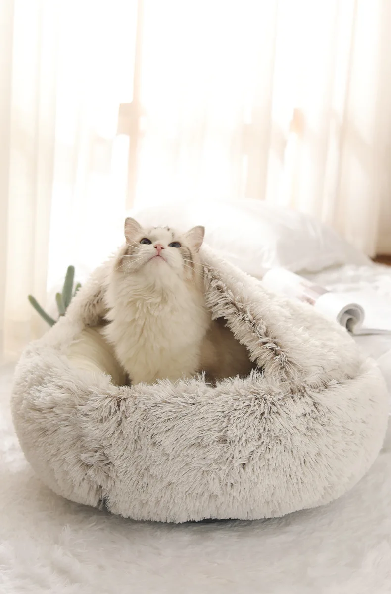 Autumn and Winter soft plush pet bed and pet bed Winter warm and cold plush comforter nest Shell cat nest semi-enclosed cat nest