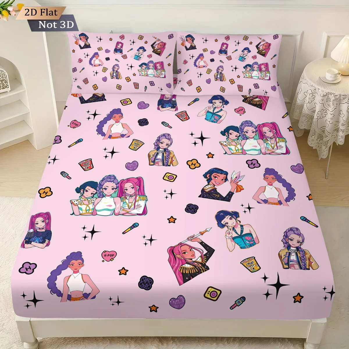 3pcs K-Pop Demon Hunters Print coreless fitted sheet Set Multiple Size Bedrooms Dormitory Bedcover Decoration Machine Washable