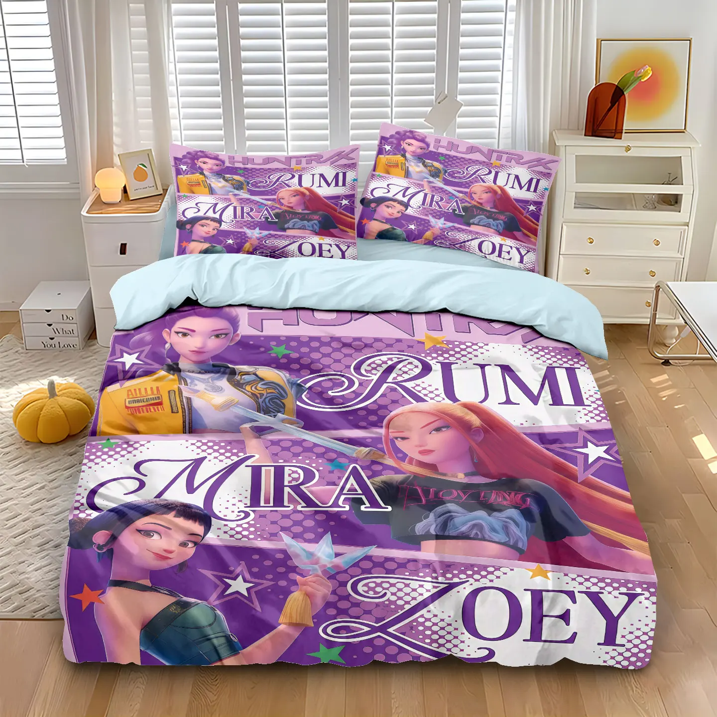 3pc Cartoon K-Pop Demon Hunters Girl Group Print Coreless Duvet Cover Set Multi Size Bedroom Dormitory Soft and Machine Washable