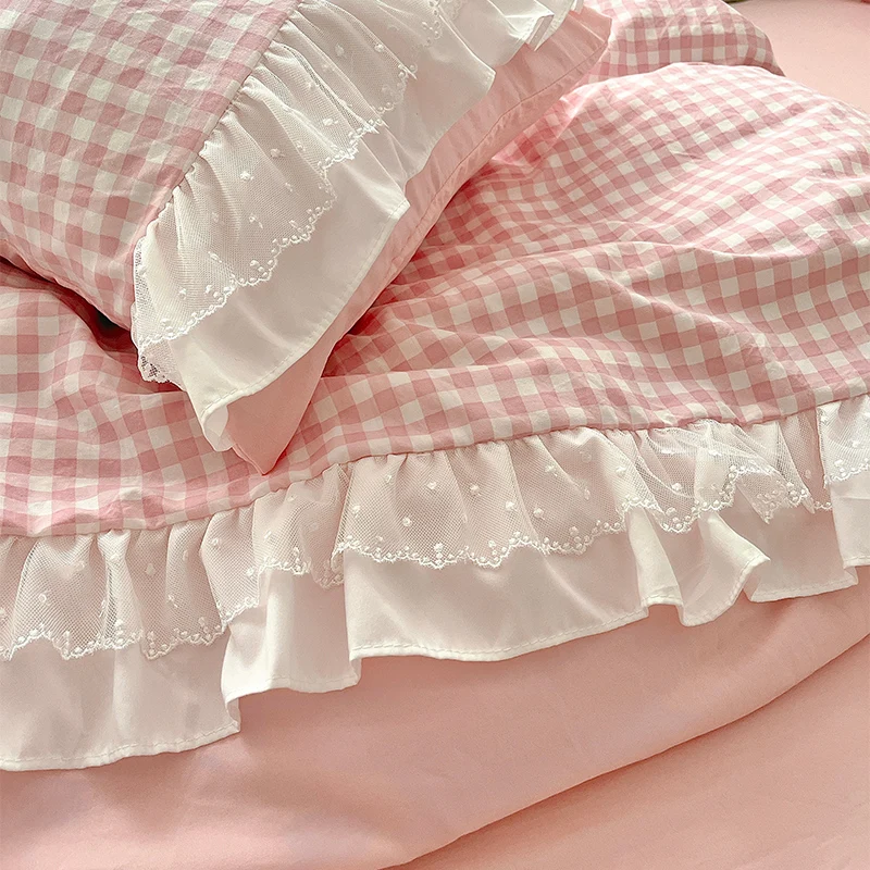 Korean Princess Style Lattice Double Layer Lace Bedding Set Soft Quilt Cover Plaid Style Duvet Covers Set Bed Sheet Pillowcases
