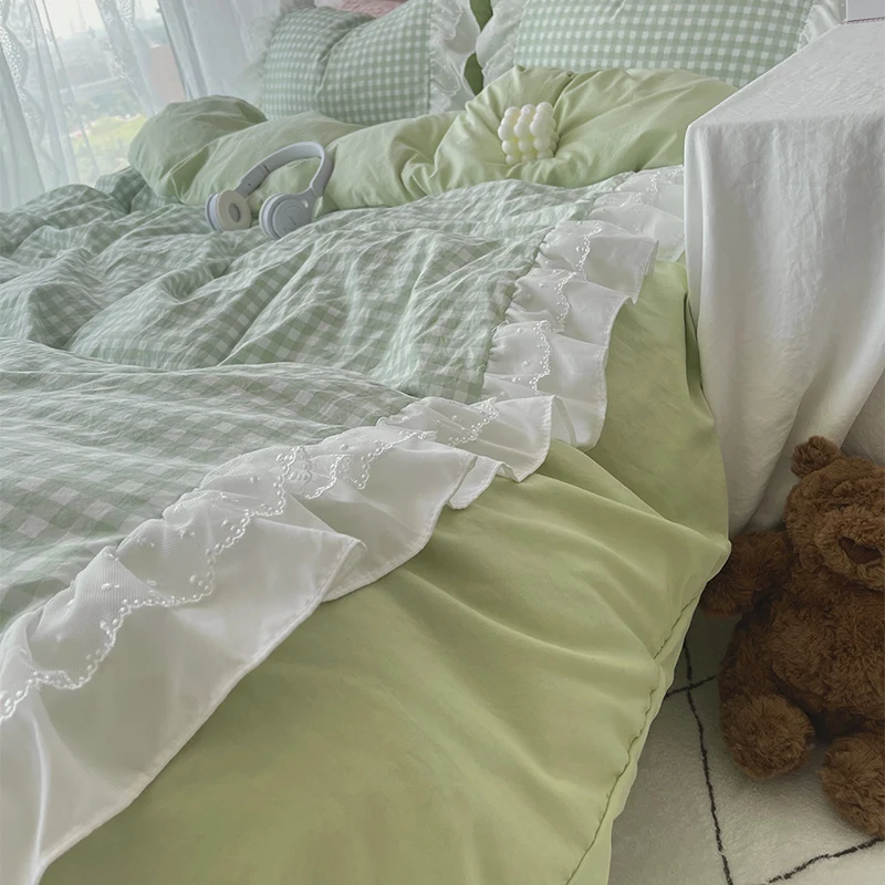 Korean Princess Style Lattice Double Layer Lace Bedding Set Soft Quilt Cover Plaid Style Duvet Covers Set Bed Sheet Pillowcases