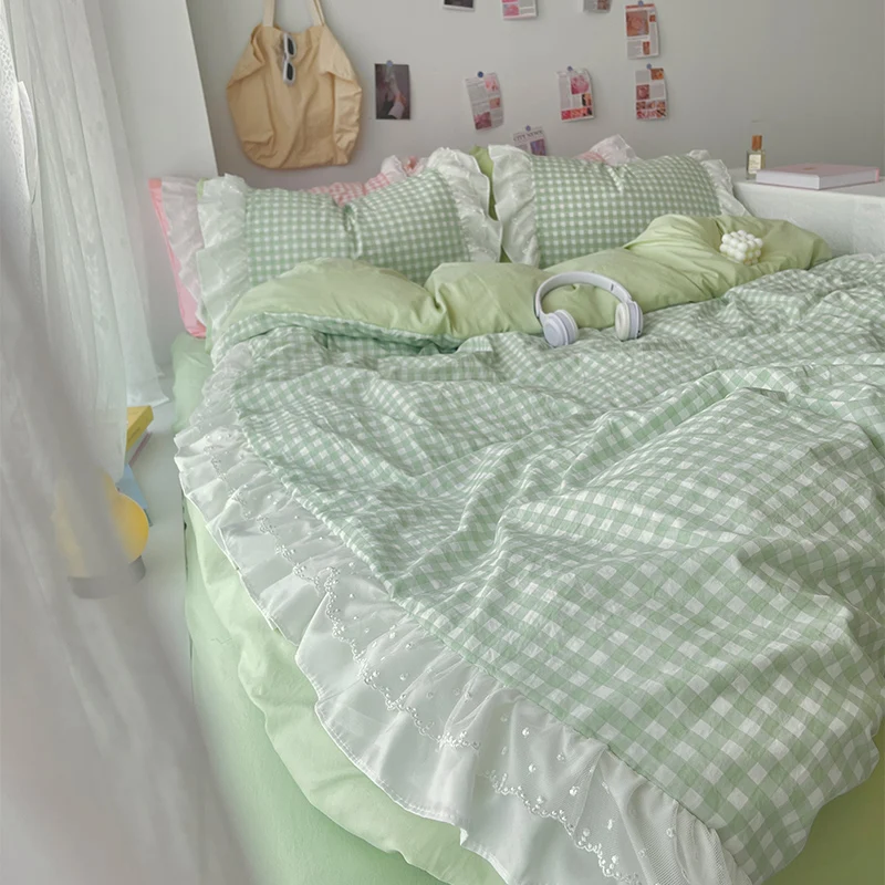 Korean Princess Style Lattice Double Layer Lace Bedding Set Soft Quilt Cover Plaid Style Duvet Covers Set Bed Sheet Pillowcases