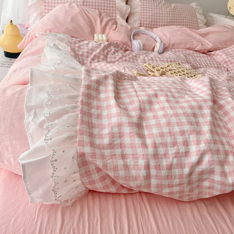 Korean Princess Style Lattice Double Layer Lace Bedding Set Soft Quilt Cover Plaid Style Duvet Covers Set Bed Sheet Pillowcases