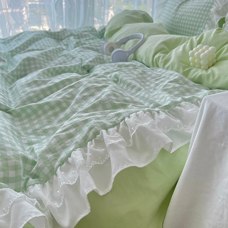 Korean Princess Style Lattice Double Layer Lace Bedding Set Soft Quilt Cover Plaid Style Duvet Covers Set Bed Sheet Pillowcases
