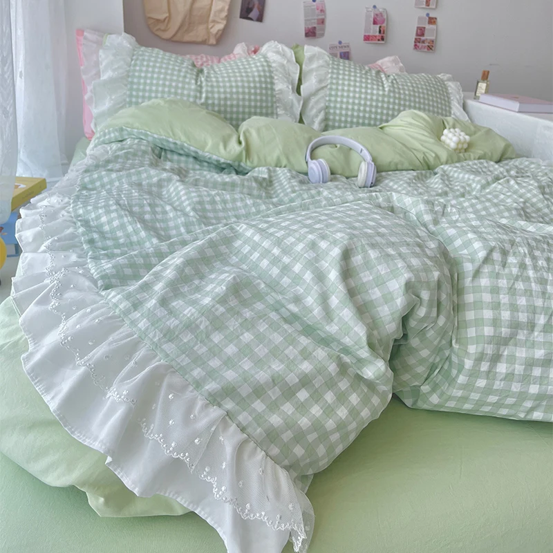 Korean Princess Style Lattice Double Layer Lace Bedding Set Soft Quilt Cover Plaid Style Duvet Covers Set Bed Sheet Pillowcases