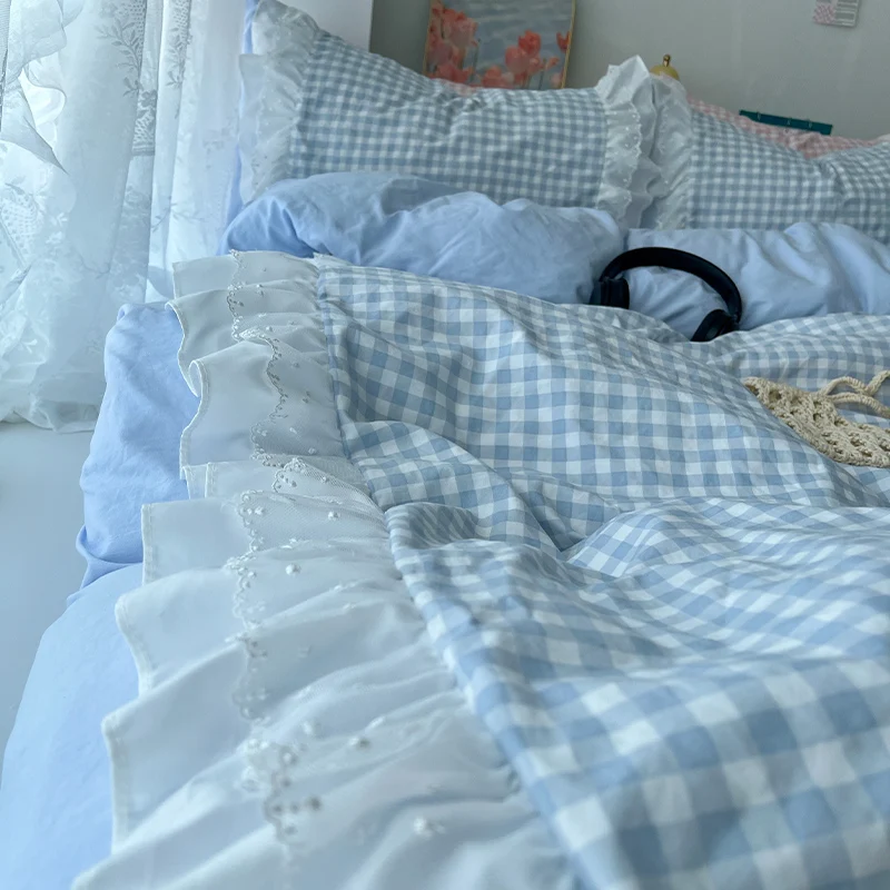 Korean Princess Style Lattice Double Layer Lace Bedding Set Soft Quilt Cover Plaid Style Duvet Covers Set Bed Sheet Pillowcases