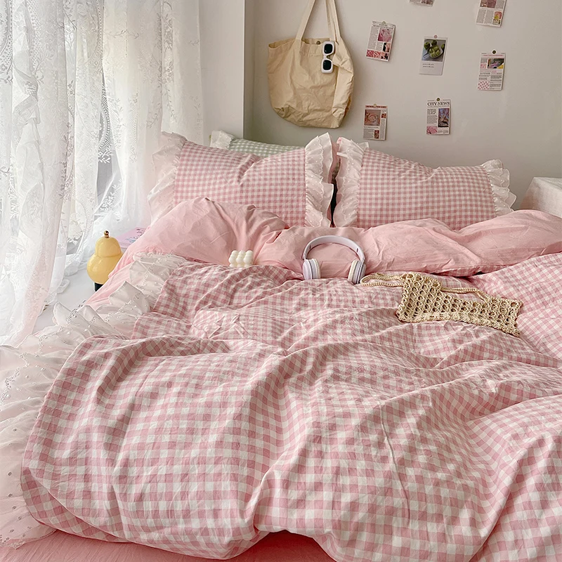 Korean Princess Style Lattice Double Layer Lace Bedding Set Soft Quilt Cover Plaid Style Duvet Covers Set Bed Sheet Pillowcases