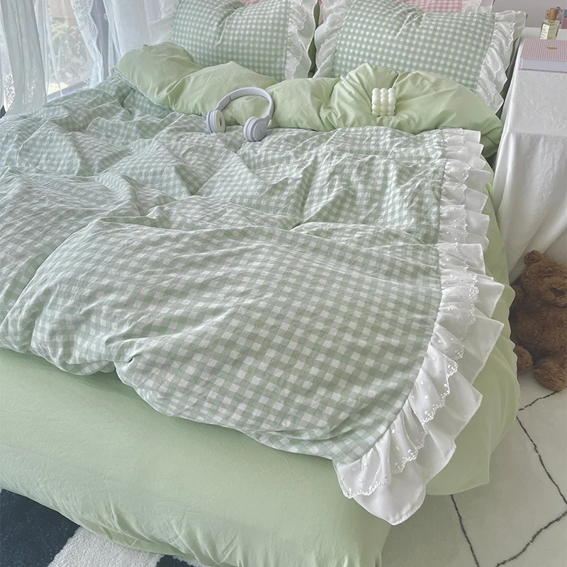 Korean Princess Style Lattice Double Layer Lace Bedding Set Soft Quilt Cover Plaid Style Duvet Covers Set Bed Sheet Pillowcases