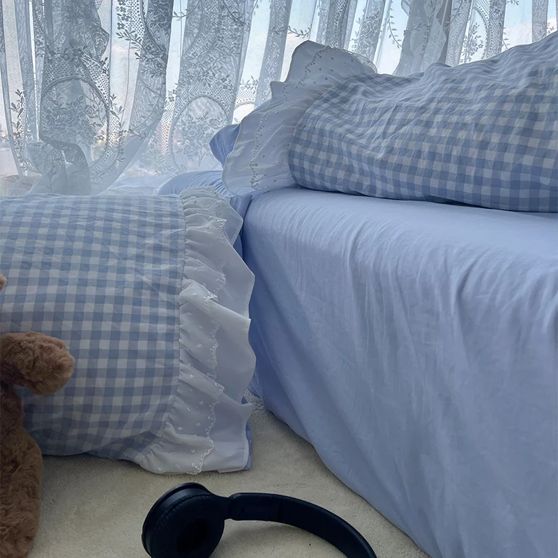 Korean Princess Style Lattice Double Layer Lace Bedding Set Soft Quilt Cover Plaid Style Duvet Covers Set Bed Sheet Pillowcases