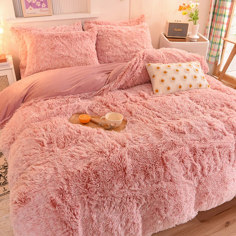 3Pcs Super Shaggy Coral Fleece Warm Cozy Princess Bedding Set Mink Velvet Duvet Cover Set Bed Comforter Cover Blanket Pillowcase